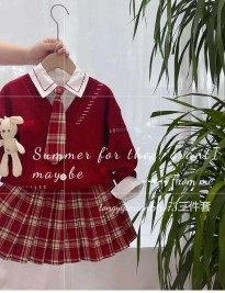 Set váy sơmi cardigan caro đỏ